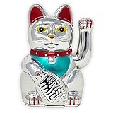 Starlet24 winkende Glückskatze Winkekatze Lucky Cat Maneki-Neko Katze Glücksbringer (Silber, 13cm)