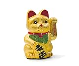 yoaxia ® Marke - Keramik Glückskatze 17,5cm Winkekatze Maneki Neko ~ Gold ~ Feng Shui Glücksbringer + EIN kleines Glückspüppchen - Holzpüppchen