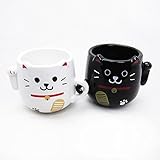 Katze-Paar"Manekineko,Winkekatze" Paar Becher-Set 2 Yunomi Tassen aus Japan weiß und Schwarz LF-0958